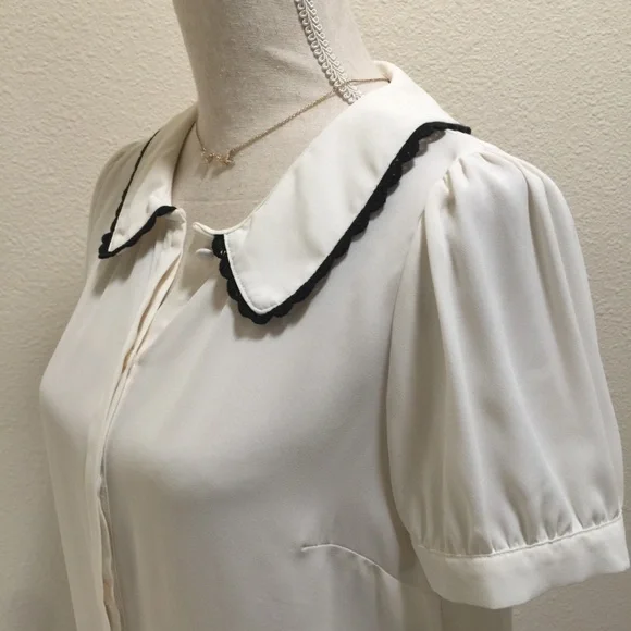 White Button Blouse with Black Lace Peter Pen Collar Schoolgirl Cosplay Coquette - Picture 10 of 12